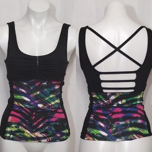 Bebe Sport Strappy Back Tankini Top XS Multicolor Zip Ruched Active Swim Y2K